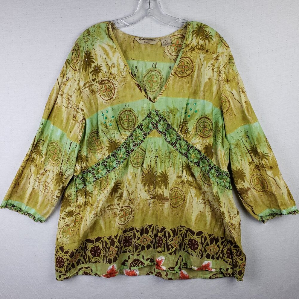 Quizz Bazaar Tunic Top Beaded Women's size 24 Plus Boho Tropical Print Resort